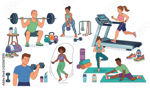 Photos Cartoon Fitness Workout Vector Set with Gym Exercises Equipment and Vitamin Supp