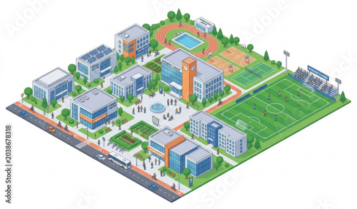 Creative Isometric College Campus Scene with Modern Buildings and Soccer Stadium Vector
