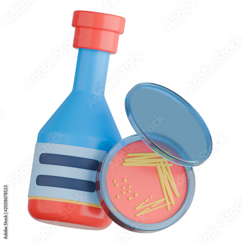 3d illustration of Blood Culture Bottle and Petri Dish with Bacterial Agar Streak for Hemoculture Diagnostic.