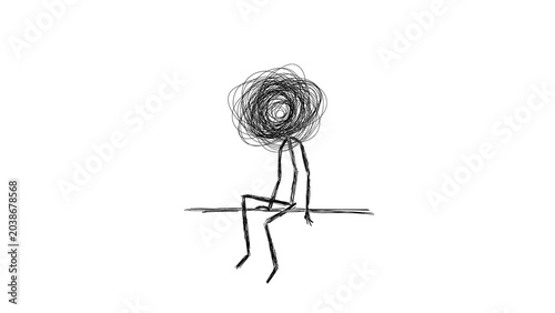 Mental health concept of depression, loneliness and overthinking. Sad sitting stick figure with large messy scribble lines tangle instead of head on transparent background
