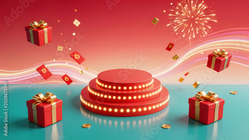 Three-layer red cake with festive gold gifts