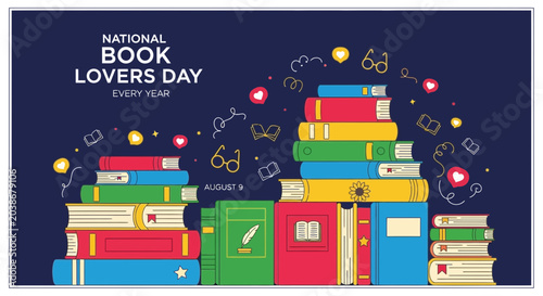 Bild auf Leinwand National Book Lovers Day Celebration Illustration with Colorful Stacks of Books