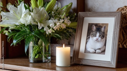 altar decorated with a photo of a cat and white lilies