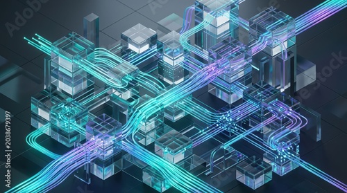 Glowing data network with connected transparent cubes