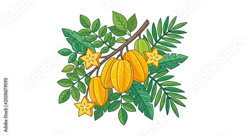 Schilderij op canvas Fresh Ripe Star Fruit Bunch Hanging on Tree Branch.