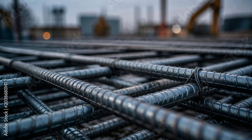 Close up of steel rebar grid construction material with blurred construction site background.