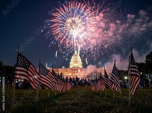 Nighttime fireworks over Capitol with flags in foreground, capturing festive spirit.