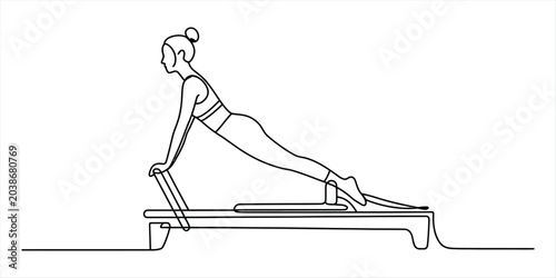 Obraz na płótnie Woman doing pilates exercise on a reformer machine, line art illustration Vector