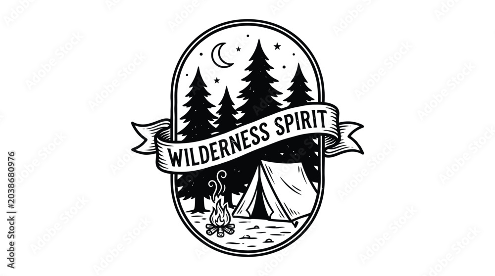 Fototapeta premium A black and white illustration of a wilderness scene with a tent, campfire, pine trees, and a crescent moon.