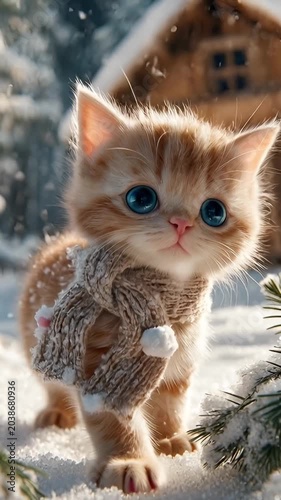Tiny kitten walking through snowy winter landscape with adorable eyes and cozy animal video