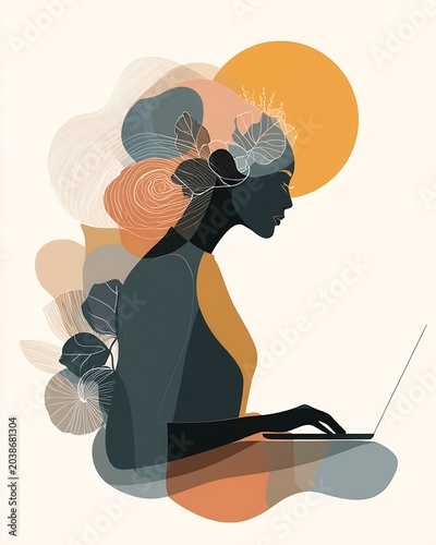 Abstract profile of woman working on laptop with layered organic shapes and botanical elements