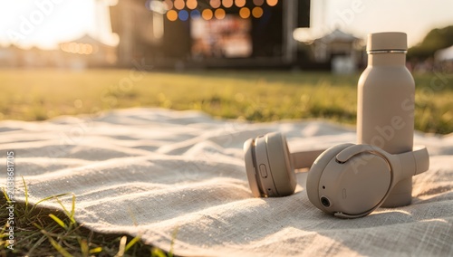 Beige headphones and a water bottle sit on a picnic blanket at an outdoor music festival at sunset.