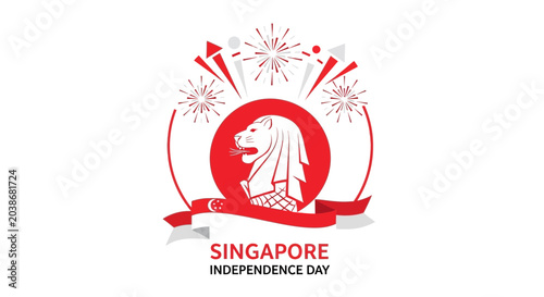 Singapore National Day Celebration Poster with Merlion Icon and Fireworks