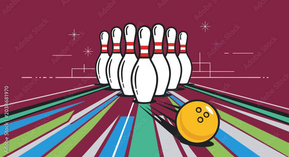 Obraz premium Bowling Ball Striking Pins on Colorful Abstract Lane