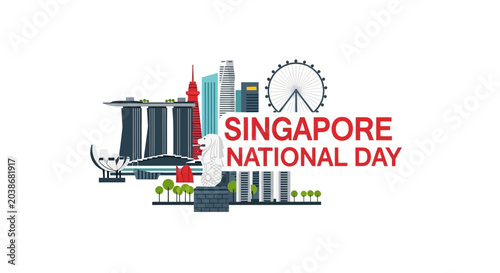 Singapore National Day Skyline Vector Illustration
