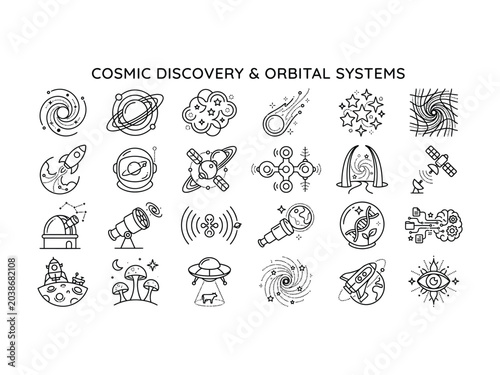 Photos Collection of diverse line art icons representing cosmic discovery and orbital s