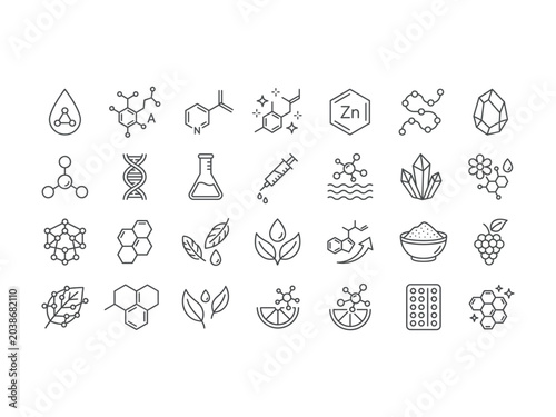 Foto Collection of diverse scientific and natural ingredient icons including molecula