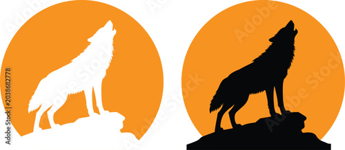 Canvas Print Minimalist Howling Wolf on Cliff with Full Moon Vector Silhouette Set, vector, illustration, silhouette
