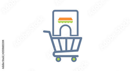 Shopping cart icon with retail store inside on white background