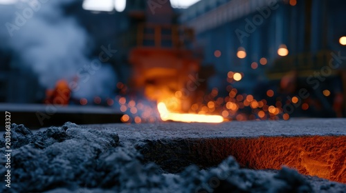 industrial manufacturing scene, realistic documentary-style cinematography capturing dramatic steel factory scene, with workers operating molten metal machinery and glowing orange sparks