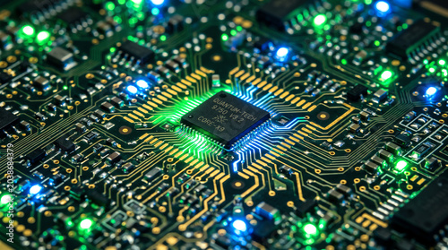 Fotografía glowing quantum tech microchip on electronic circuit board with blue and green l