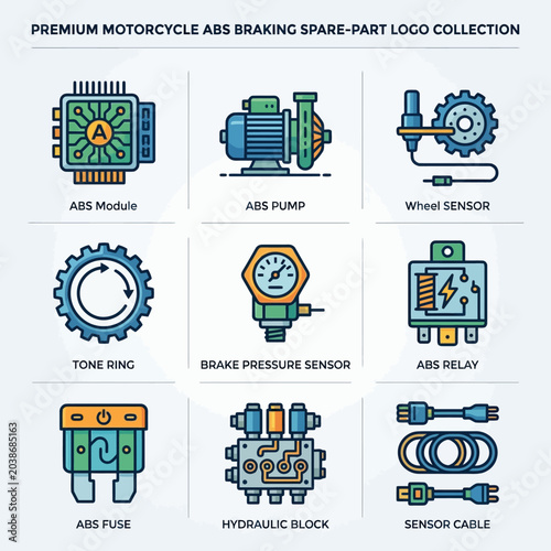 Motorcycle ABS Braking System Spare Parts Collection Icons.