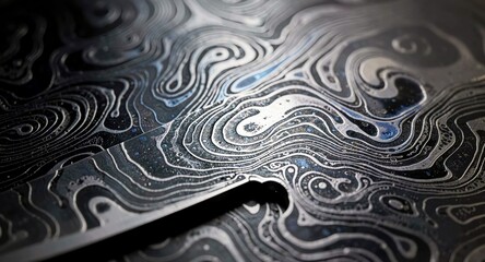 Stunning close-up of a Damascus steel blade with intricate wavy metal grain patterns for manufacturing marketing.

