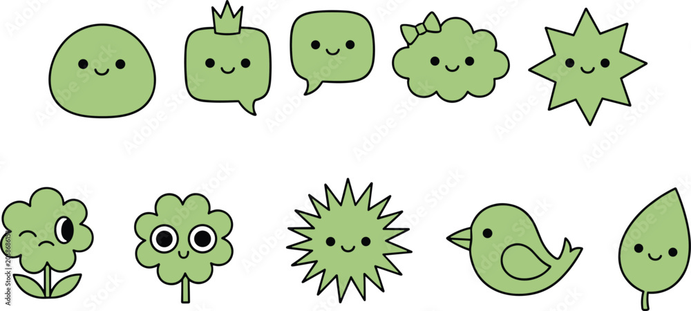 Obraz premium Cute green character illustration collection featuring blobs, speech bubbles, clouds, stars, flowers, clovers, birds, and leaves