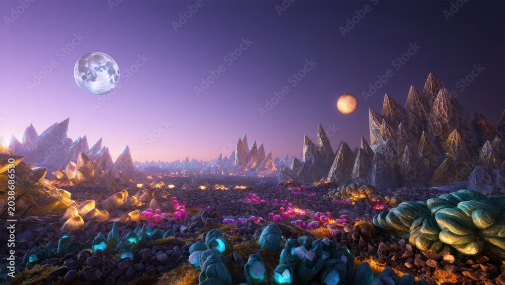 Obraz premium Alien Landscape with Crystalline Formations and Dual Moons