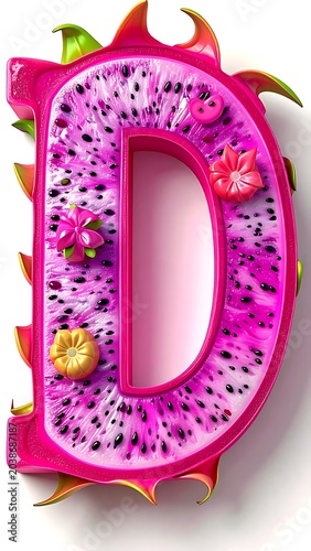 A large pink dragon fruit with seeds and flowers shaped like letter
