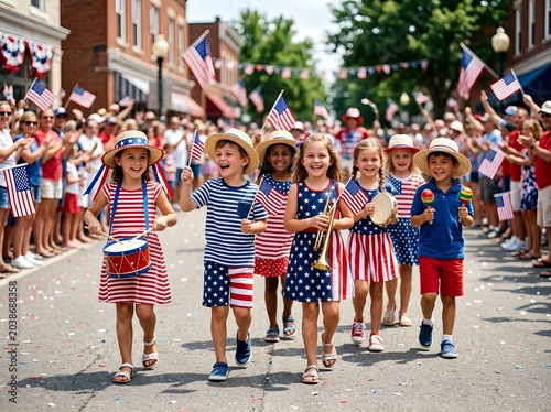 A group of happy children in festive attire march in a joyful parade holding American flags and instruments.