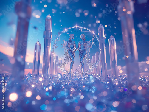 Gemini zodiac twins surrounded by floating crystal constellations, elegant celestial architecture, dreamy blue and violet gradient sky, cinematic lighting, balanced modern design