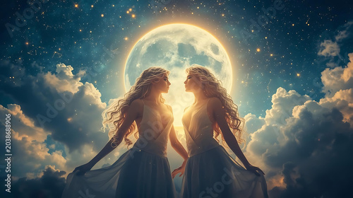 Beautiful Gemini celestial twins standing beneath glowing moon, fantasy sky filled with constellations and soft clouds, ethereal atmosphere