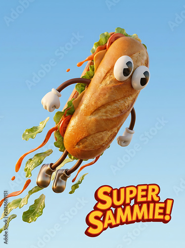 Funny sandwich character flying in blue sky with text
