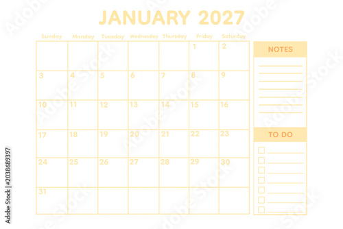 Cream Beige Monthly Calendar Planner Janruary 2027 Template with Notes and To Do List, Minimal Elegant Printable Schedule Organizer, Soft Gold and Neutral Aesthetic Calendar Design Isolated 