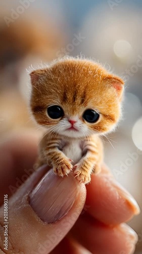 Cute tiny cat sitting on fingertip with soft fur and charming cozy atmosphere animal video.