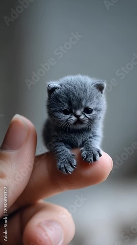 Cute tiny cat sitting on fingertip with soft fur and charming cozy atmosphere animal video.