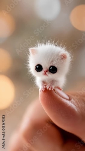 Cute tiny cat sitting on fingertip with soft fur and charming cozy atmosphere animal video.