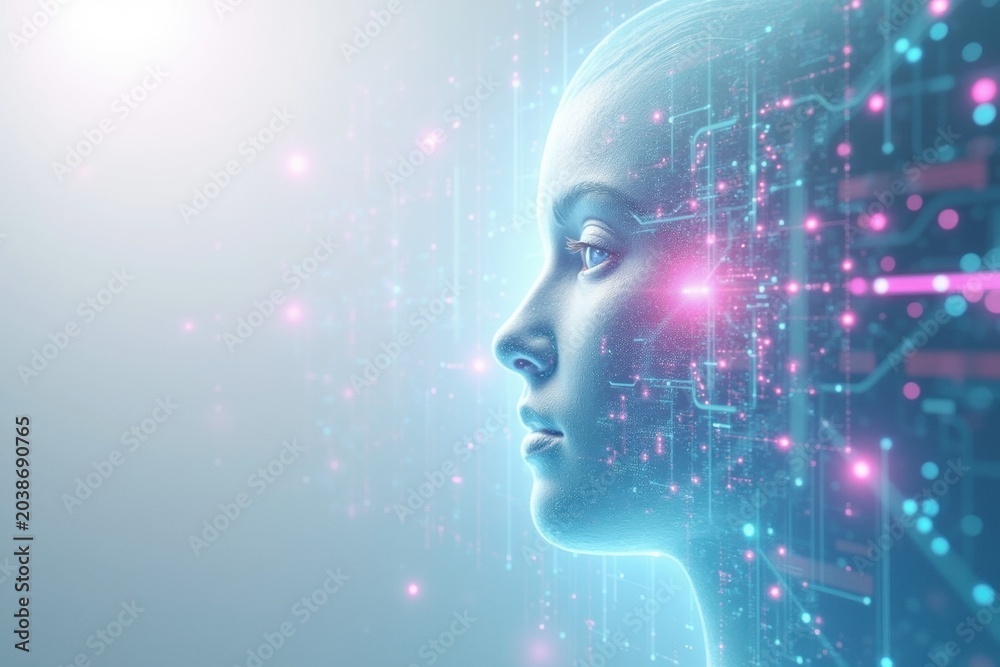 Obraz premium Futuristic AI Human Head Profile with Glowing Circuit Patterns