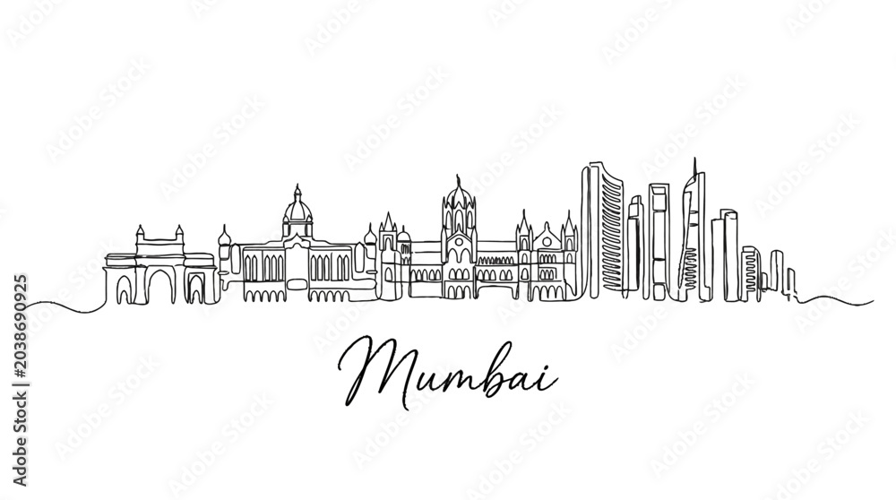 Fototapeta premium Elegant linear illustration of Mumbai skyline showcasing historic and modern architecture