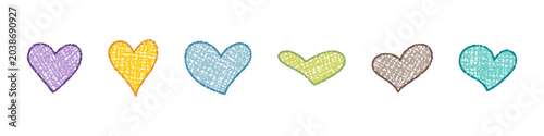 Playful multicolored crayon hearts with textured childlike doodle style.