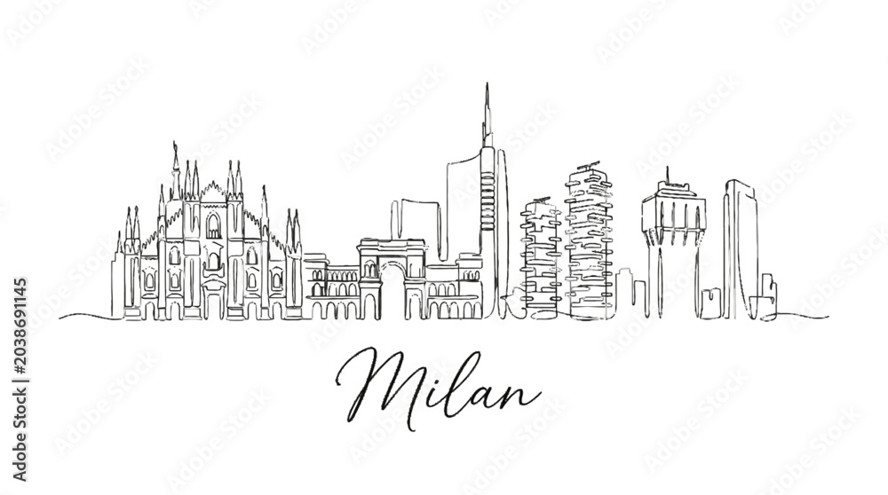 Obraz premium Minimalist Line Drawing of Milan Skyline Featuring Iconic Landmarks and Modern Skyscrapers for Urban Art Enthusiasts