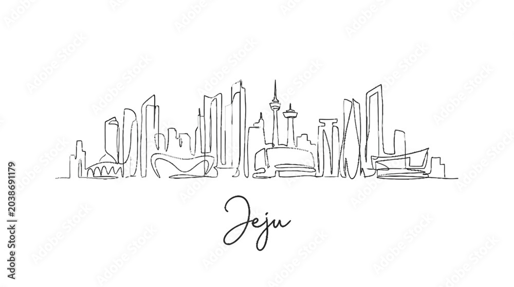 Fototapeta premium Minimalist Line Drawing of Jeju's Skyline Featuring Iconic Structures and Modern Architecture