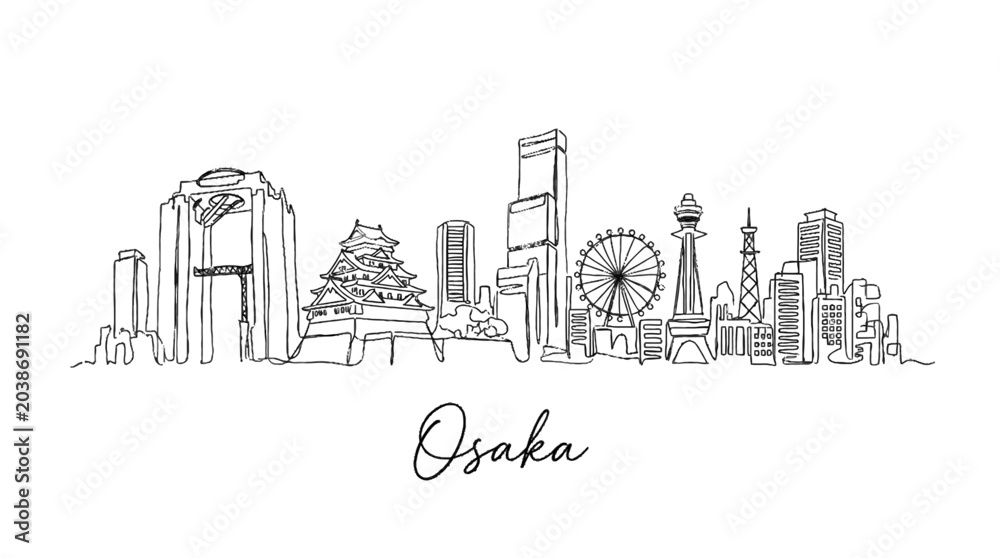 Fototapeta premium Minimalist line art illustration of Osaka city skyline showcasing iconic architecture and landmark structures