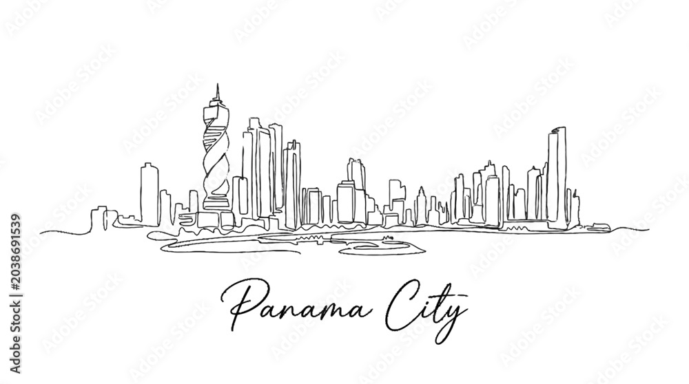 Fototapeta premium Minimalist Line Drawing of Panama City Skyline with Prominent Skyscrapers and Coastal Outline