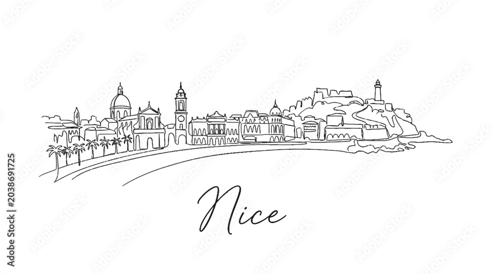 Fototapeta premium Elegant line art illustration of the historic cityscape of Nice with iconic landmarks and scenic coastal views in a minimalistic