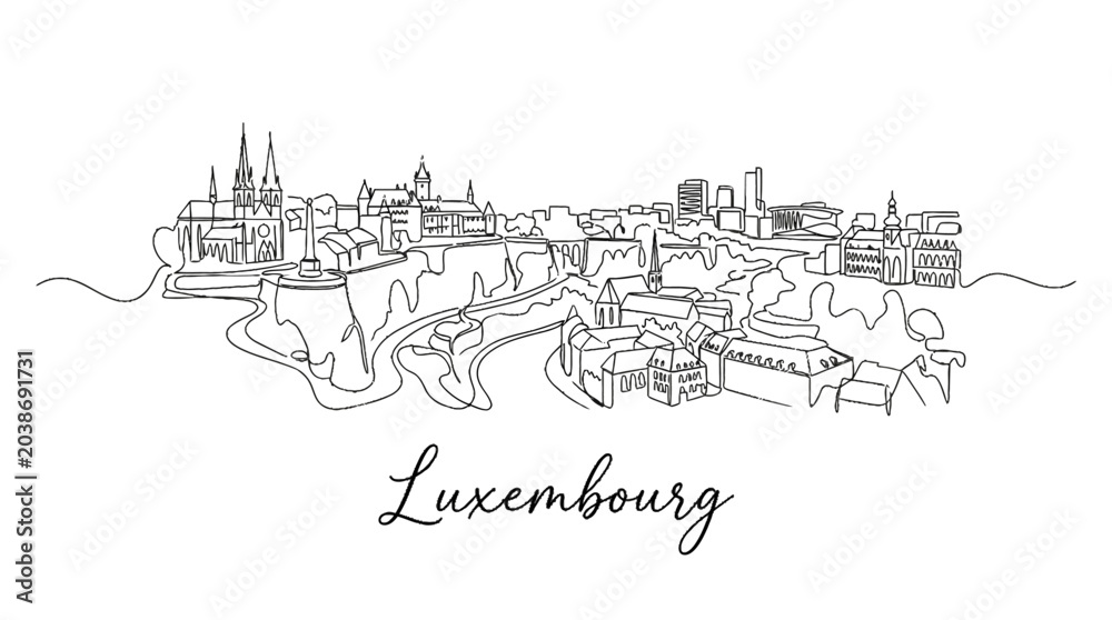 Fototapeta premium Minimalist black and white line drawing of Luxembourg cityscape capturing historic landmarks and urban skyline in a sleek