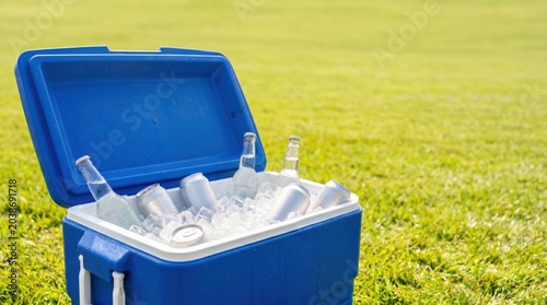 Blue Portable Cooler Box Filled with Ice and Water Bottles on Green Grass Outdoor Sports Field