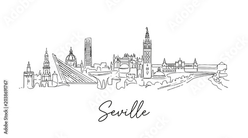 Minimalist Line Art Illustration of the Seville City Skyline Featuring Iconic Landmarks and Modern Architecture