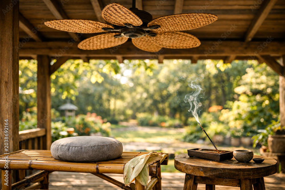 Fototapeta premium Tranquil Outdoor Pavilion: Incense, Meditation Cushion, Nature